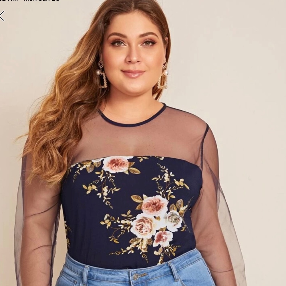 BEAUTIFUL NAVY 4X SHEER AND FLORAL BLOUSE NWOT